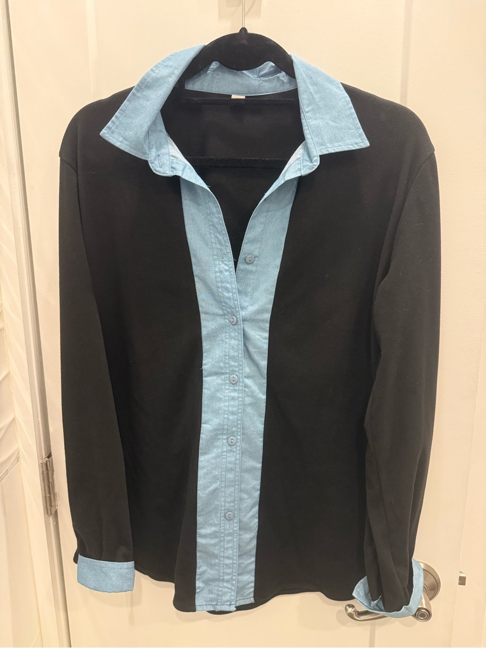 Women’s Black Blouse with Light Blue denim Contrast Placket & Collar